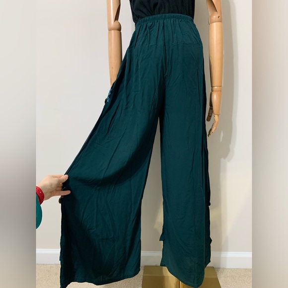 Teal / Petroleum Green Hobo Embroidered Wide Leg Pants - Picture 3 of 17